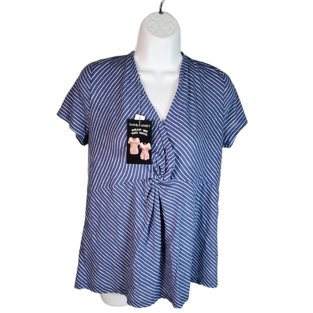 Thyme + Honey Women's Shirt Large Blue White Stripe Wear 2 Ways New